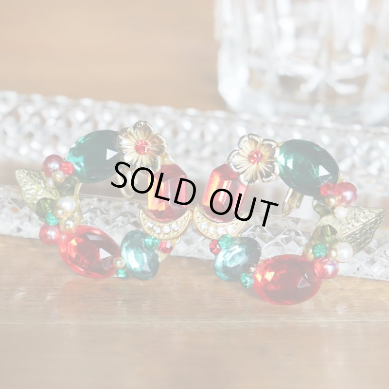 画像2: ヴィンテージコスチュームジュエリーイヤリング赤緑宝石ラインストーン｜アンティークジュエリー (2)