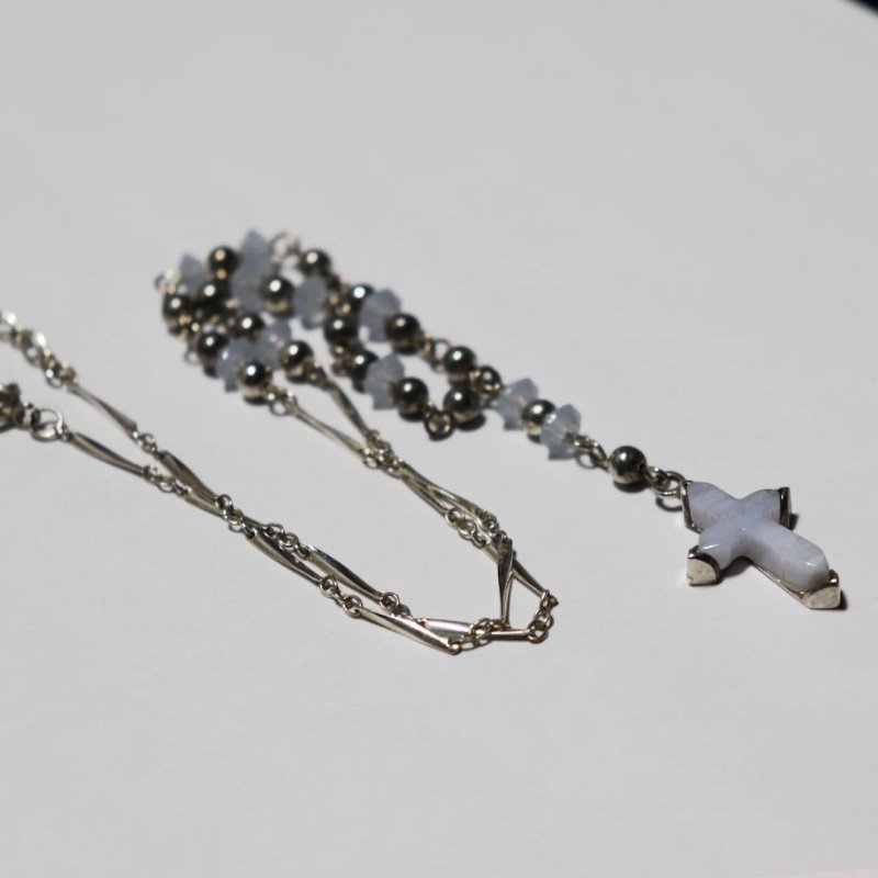 925silverと天然石のロザリオ風クロスネックレス｜アンティークジュエリー