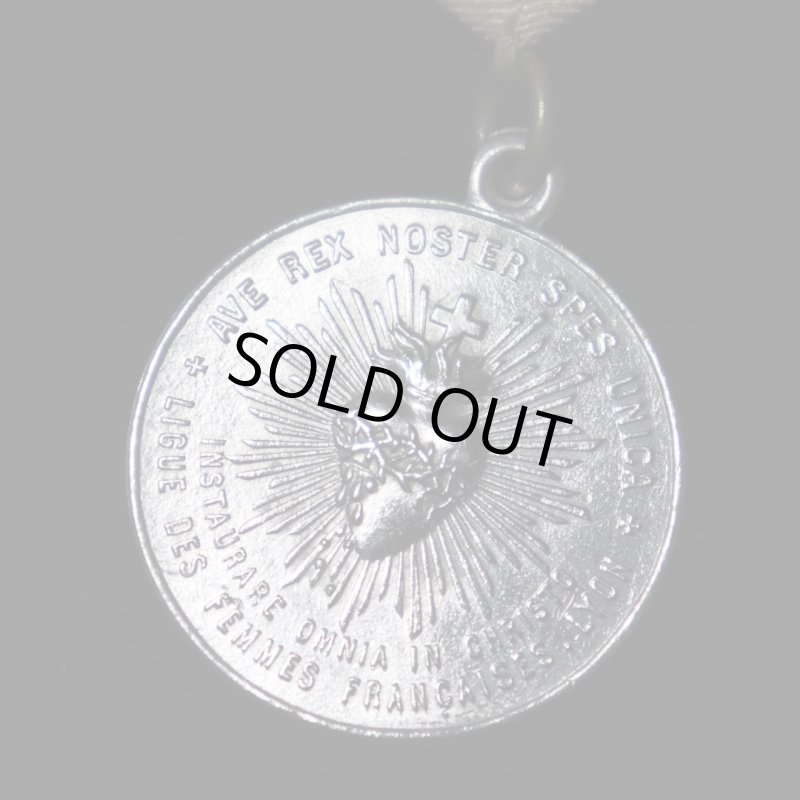 フランスアンティークメダイ聖母マリア・イエスの御心リボンブローチ