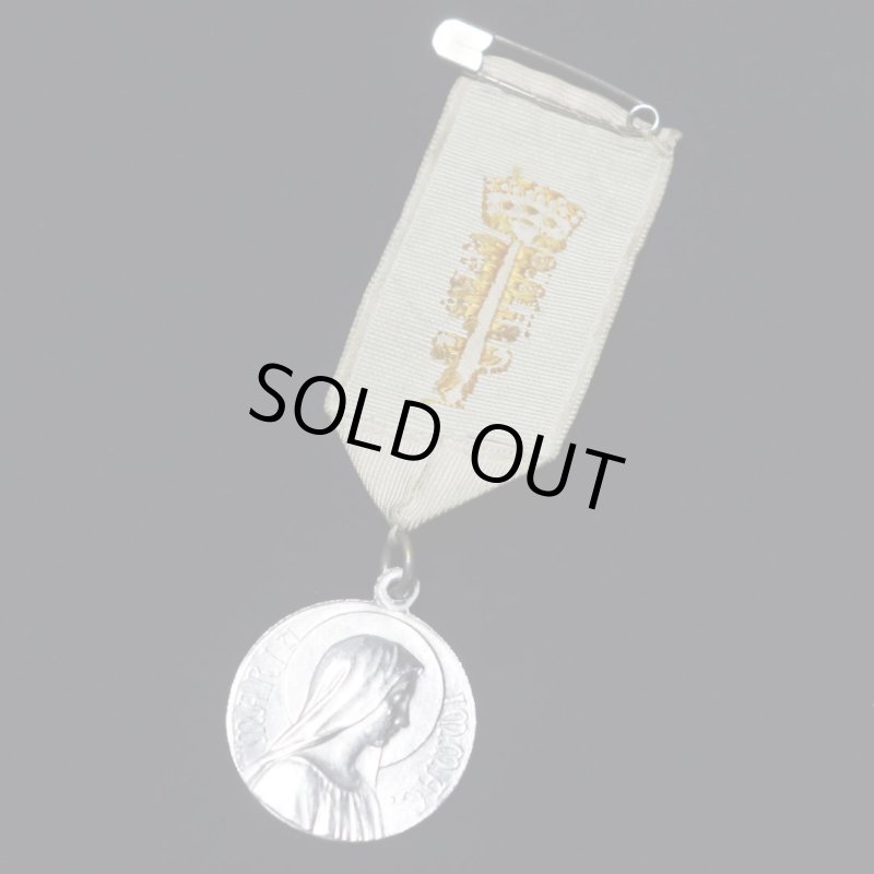 フランスアンティークメダイ聖母マリア・イエスの御心リボンブローチ