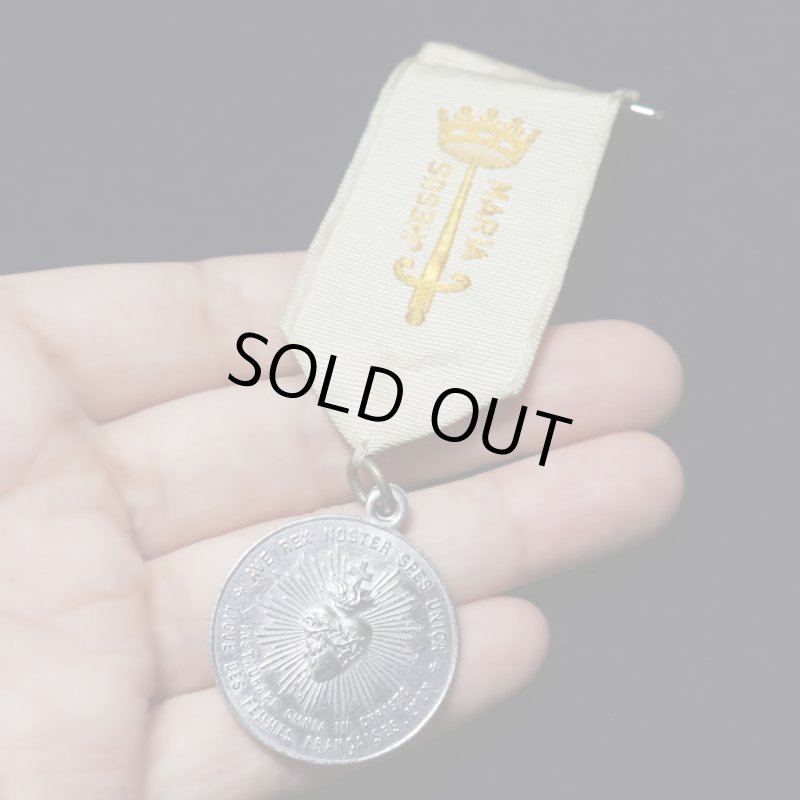 フランスアンティークメダイ聖母マリア・イエスの御心リボンブローチ