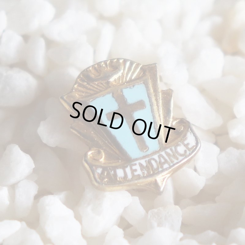 USAヴィンテージクリスチャンクロスピンバッジ水色ATTENDANCE｜アンティークピンズライトブルー十字架/聖霊/出席