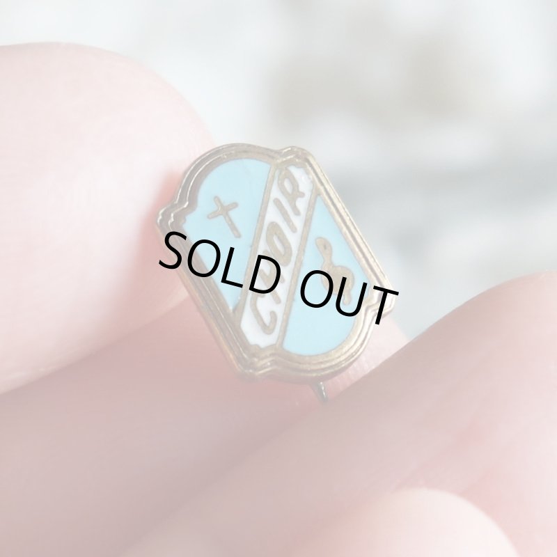 USAヴィンテージクリスチャンクロスピンバッジ水色CHOIR｜アンティークピンズライトブルー十字架/合唱団/音符