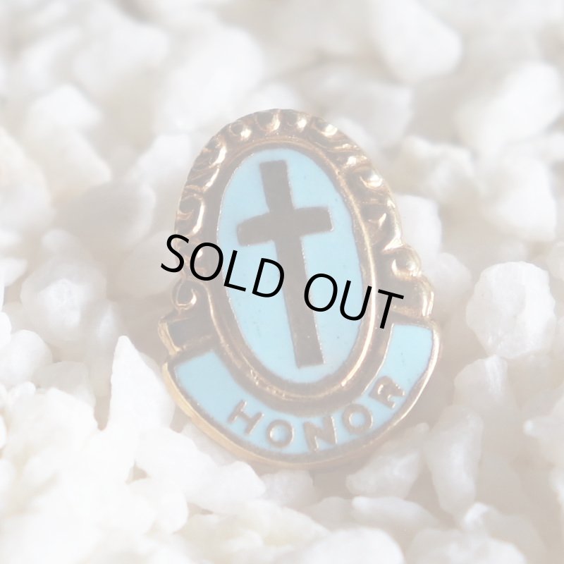USAヴィンテージクリスチャンクロスピンバッジHONORオーバル型水色｜アンティークピンズライトブルー十字架/栄誉