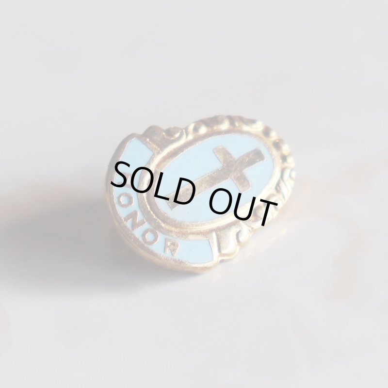 USAヴィンテージクリスチャンクロスピンバッジHONORオーバル型水色｜アンティークピンズライトブルー十字架/栄誉