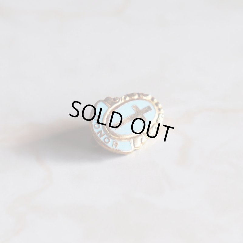 USAヴィンテージクリスチャンクロスピンバッジHONORオーバル型水色｜アンティークピンズライトブルー十字架/栄誉