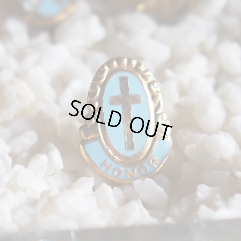 USAヴィンテージクリスチャンクロスピンバッジHONORオーバル型水色｜アンティークピンズライトブルー十字架/栄誉