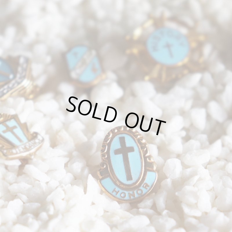 USAヴィンテージクリスチャンクロスピンバッジHONORオーバル型水色｜アンティークピンズライトブルー十字架/栄誉
