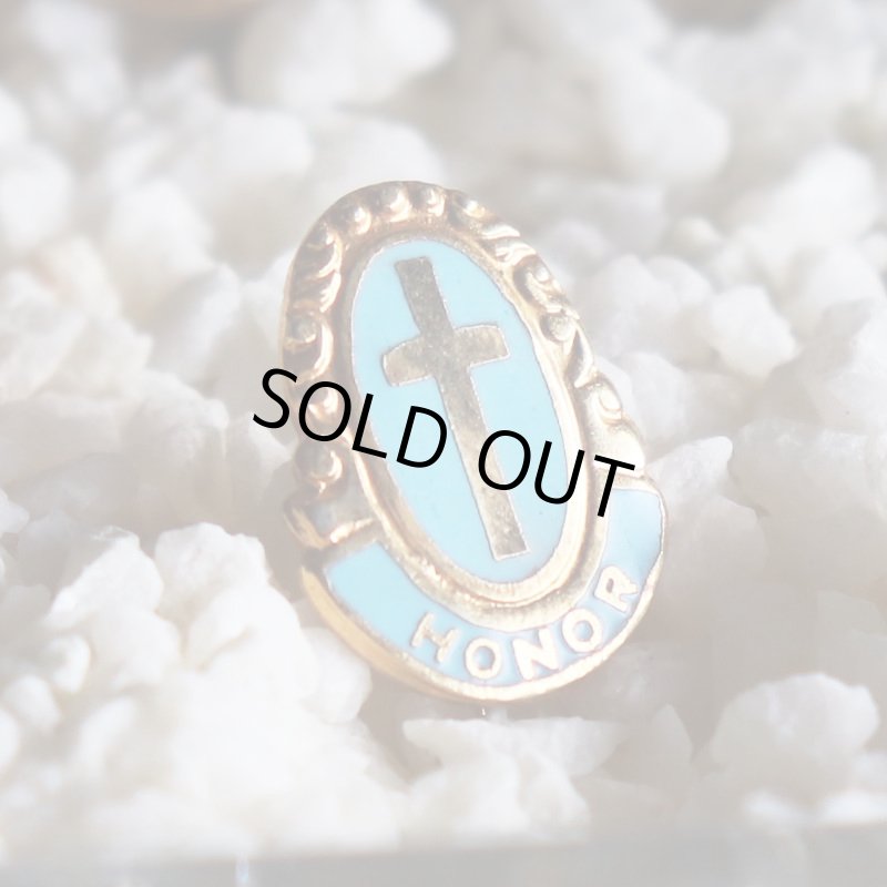 USAヴィンテージクリスチャンクロスピンバッジHONORオーバル型水色｜アンティークピンズライトブルー十字架/栄誉
