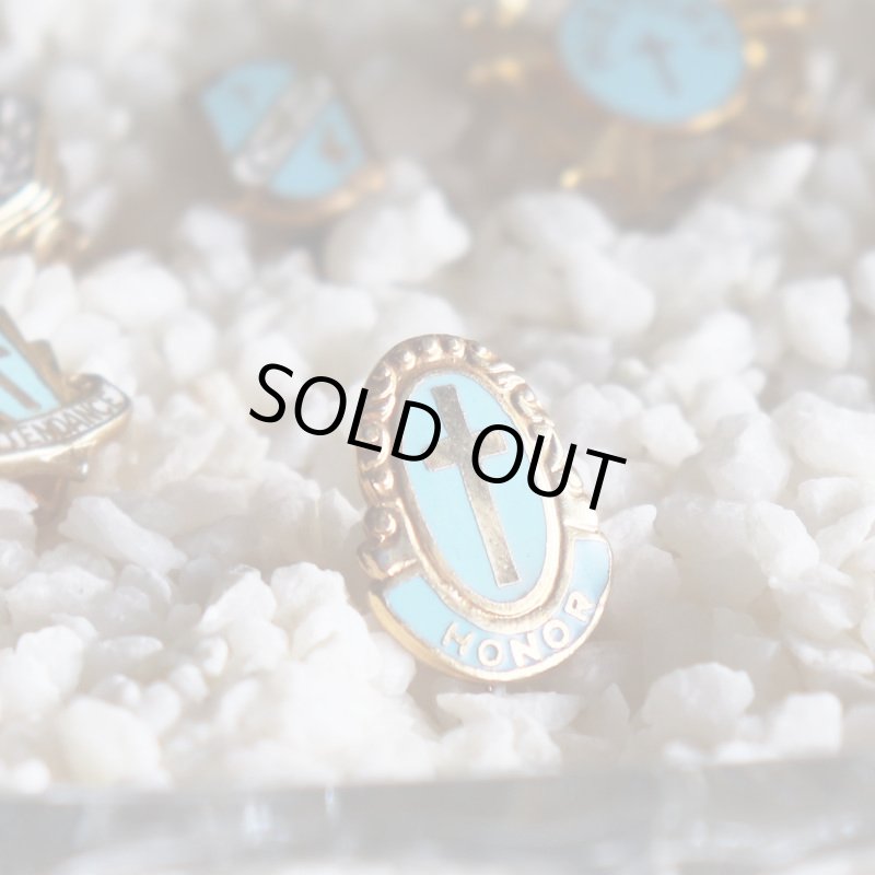 USAヴィンテージクリスチャンクロスピンバッジHONORオーバル型水色｜アンティークピンズライトブルー十字架/栄誉