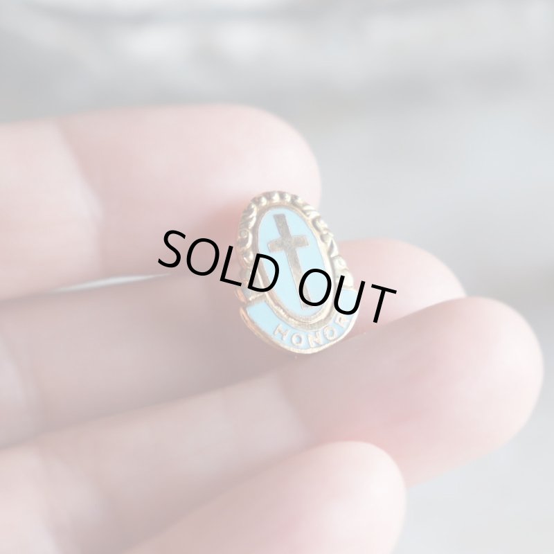 USAヴィンテージクリスチャンクロスピンバッジHONORオーバル型水色｜アンティークピンズライトブルー十字架/栄誉