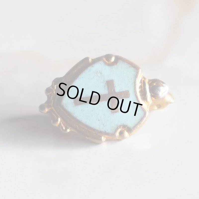 USAヴィンテージクリスチャンクロス盾型ピンバッジ水色｜アンティークピンズライトブルー十字架/シールド