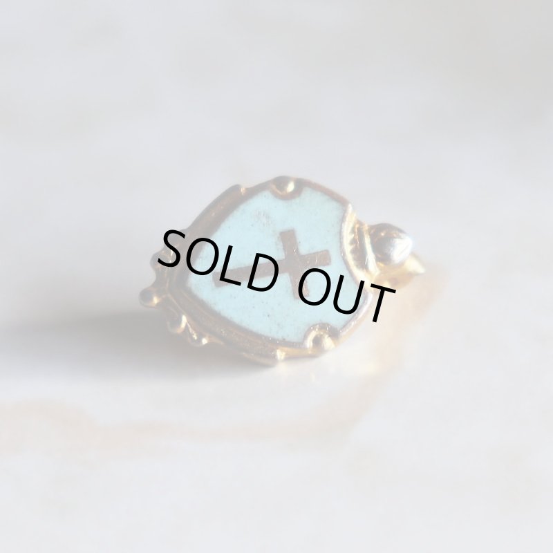 USAヴィンテージクリスチャンクロス盾型ピンバッジ水色｜アンティークピンズライトブルー十字架/シールド