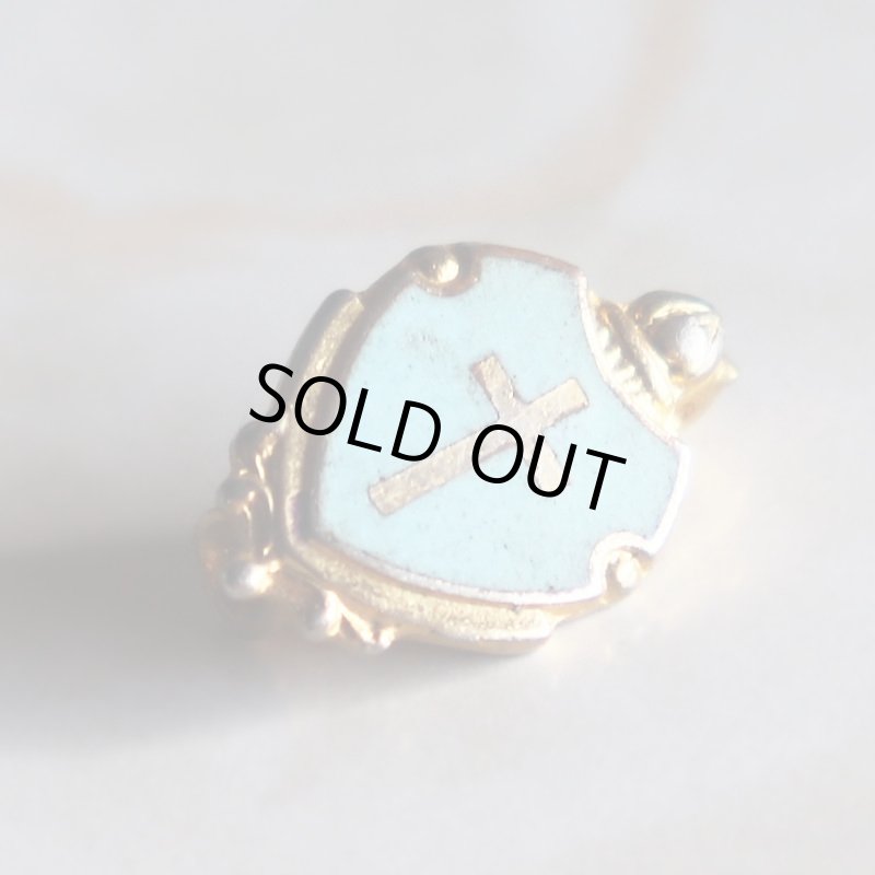 USAヴィンテージクリスチャンクロス盾型ピンバッジ水色｜アンティークピンズライトブルー十字架/シールド