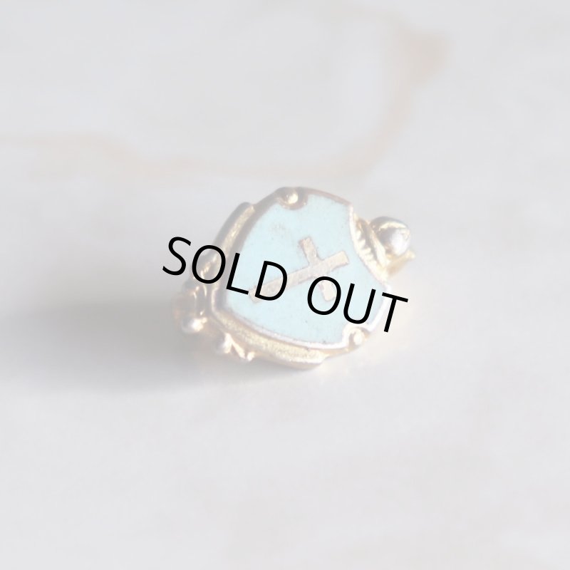 USAヴィンテージクリスチャンクロス盾型ピンバッジ水色｜アンティークピンズライトブルー十字架/シールド