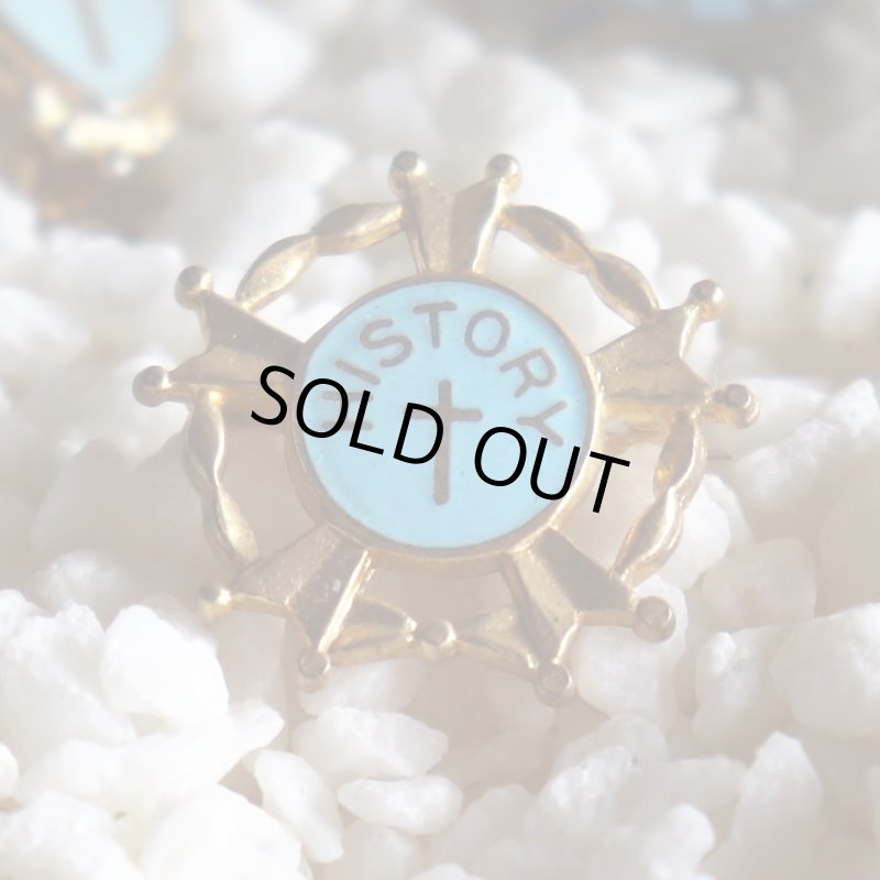 USAヴィンテージクリスチャンクロスブローチ水色HISTORY｜アンティークピンバッジライトブルー十字架