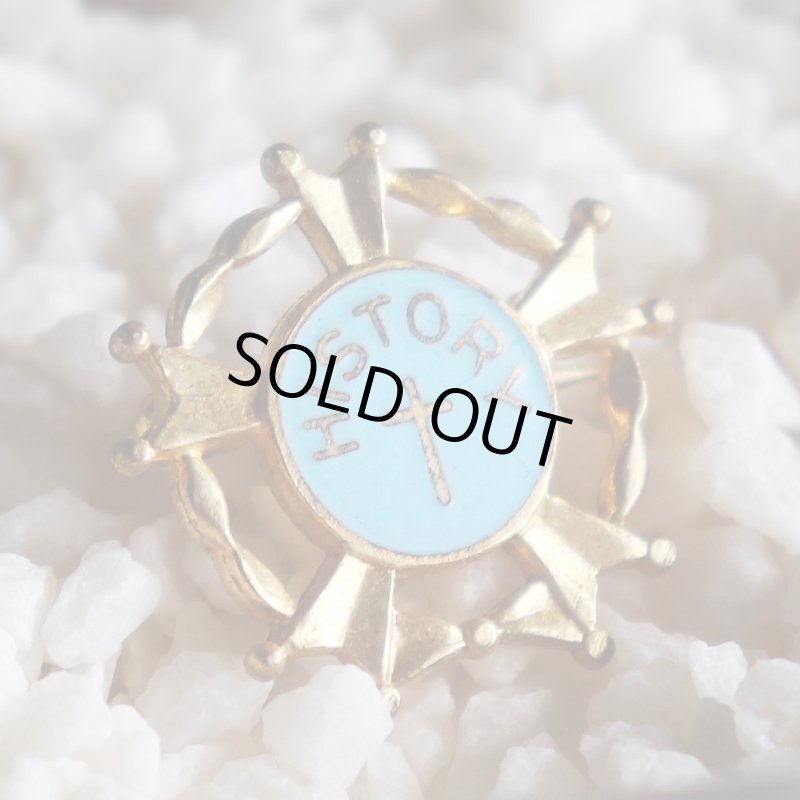 USAヴィンテージクリスチャンクロスブローチ水色HISTORY｜アンティークピンバッジライトブルー十字架