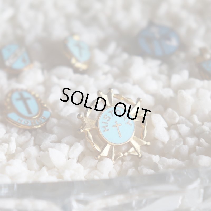 USAヴィンテージクリスチャンクロスブローチ水色HISTORY｜アンティークピンバッジライトブルー十字架