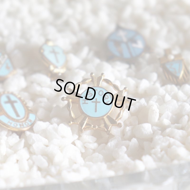 USAヴィンテージクリスチャンクロスブローチ水色HISTORY｜アンティークピンバッジライトブルー十字架