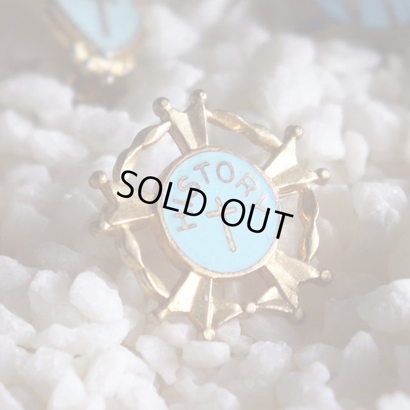 USAヴィンテージクリスチャンクロスブローチ水色HISTORY｜アンティークピンバッジライトブルー十字架