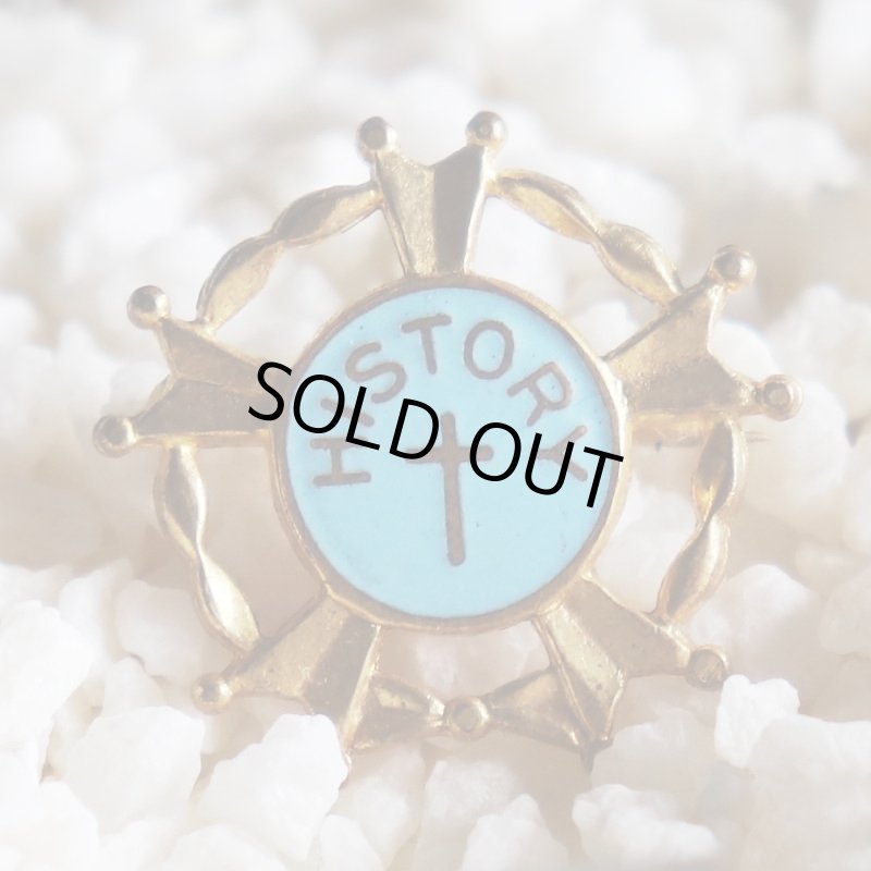 USAヴィンテージクリスチャンクロスブローチ水色HISTORY｜アンティークピンバッジライトブルー十字架