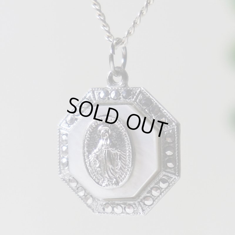 アンティークジュエリー｜ヴィンテージ不思議のメダイ聖母マリアネックレス白蝶貝& STERLING SILVER・マザーオブパールペンダント