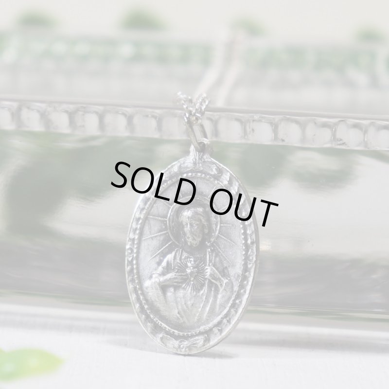【STERLING SILVER】アンティークジュエリー｜フランスヴィンテージイエスの御心&カルメル山の聖母子メダイネックレス・銀製ペンダント