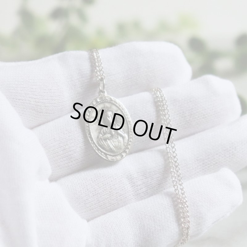 【STERLING SILVER】アンティークジュエリー｜フランスヴィンテージイエスの御心&カルメル山の聖母子メダイネックレス・銀製ペンダント