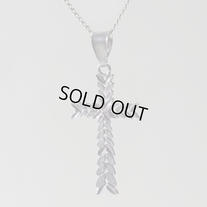 【925 SILVER】アンティークジュエリー｜USAヴィンテージ月桂樹の葉・十字架ペンダントネックレス・リーフ柄クロス