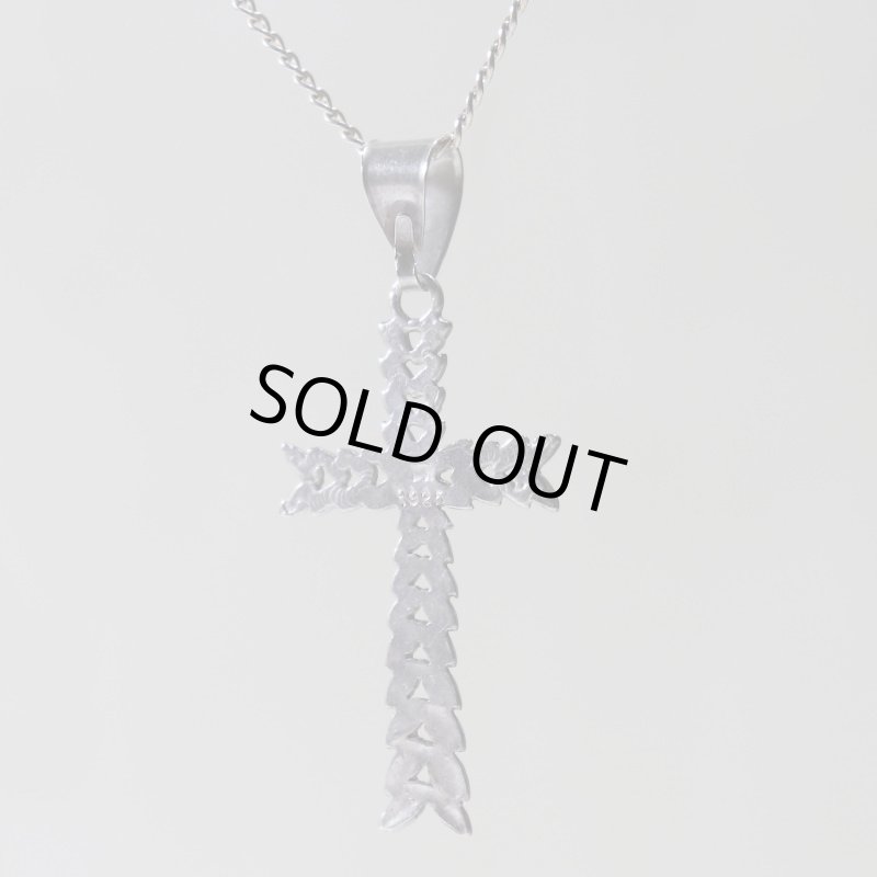 【925 SILVER】アンティークジュエリー｜USAヴィンテージ月桂樹の葉・十字架ペンダントネックレス・リーフ柄クロス