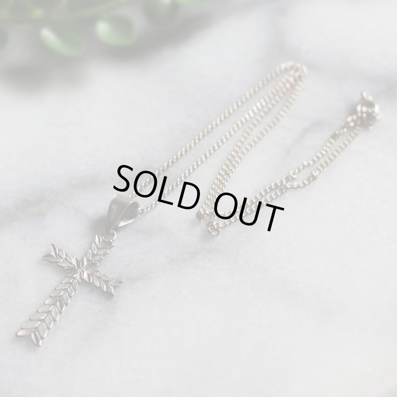 【925 SILVER】アンティークジュエリー｜USAヴィンテージ月桂樹の葉・十字架ペンダントネックレス・リーフ柄クロス
