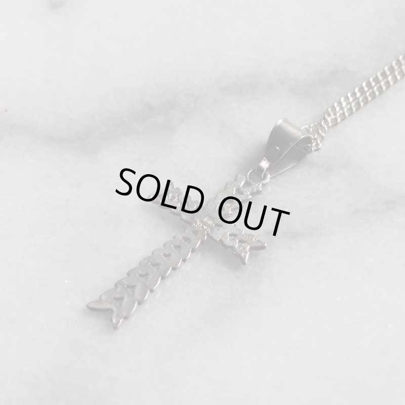 【925 SILVER】アンティークジュエリー｜USAヴィンテージ月桂樹の葉・十字架ペンダントネックレス・リーフ柄クロス