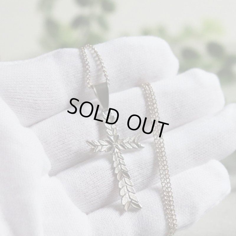 【925 SILVER】アンティークジュエリー｜USAヴィンテージ月桂樹の葉・十字架ペンダントネックレス・リーフ柄クロス