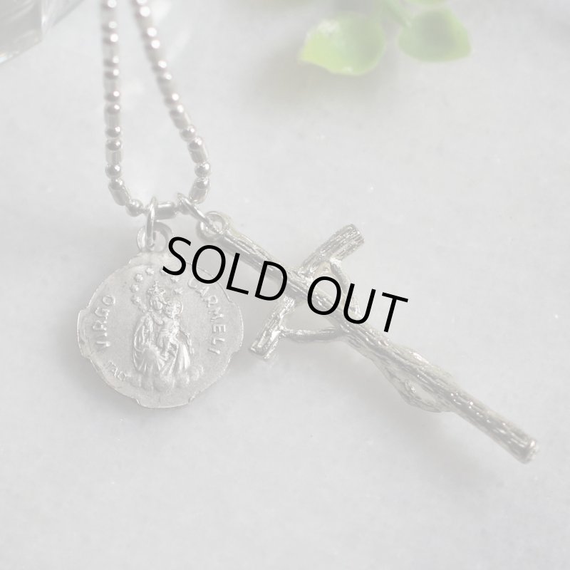 アンティークジュエリー｜イタリアヴィンテージ教皇聖ヨハネパウロの司牧十字架クロスネックレス・イエスの御心・カルメル山の聖母子像メダイ