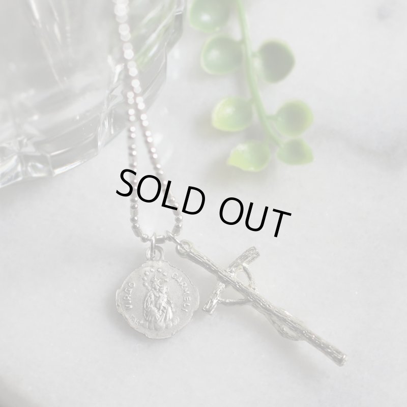 アンティークジュエリー｜イタリアヴィンテージ教皇聖ヨハネパウロの司牧十字架クロスネックレス・イエスの御心・カルメル山の聖母子像メダイ