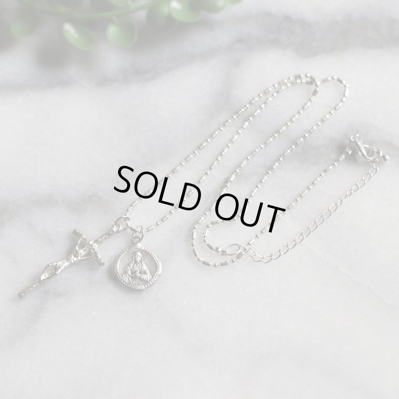 アンティークジュエリー｜イタリアヴィンテージ教皇聖ヨハネパウロの司牧十字架クロスネックレス・イエスの御心・カルメル山の聖母子像メダイ