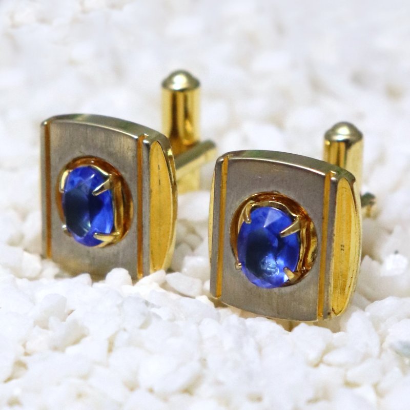 USAヴィンテージブルーラインストーンカフスボタン｜青石ゴールド&シルバーコンビカラーカフリンクス