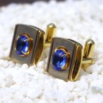 USAヴィンテージブルーラインストーンカフスボタン｜青石ゴールド&シルバーコンビカラーカフリンクス