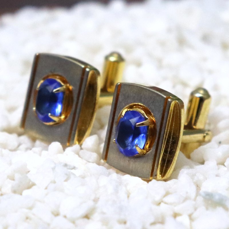 USAヴィンテージブルーラインストーンカフスボタン｜青石ゴールド&シルバーコンビカラーカフリンクス
