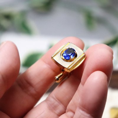 画像3: USAヴィンテージブルーラインストーンカフスボタン|青石ゴールド&シルバーコンビカラーカフリンクス