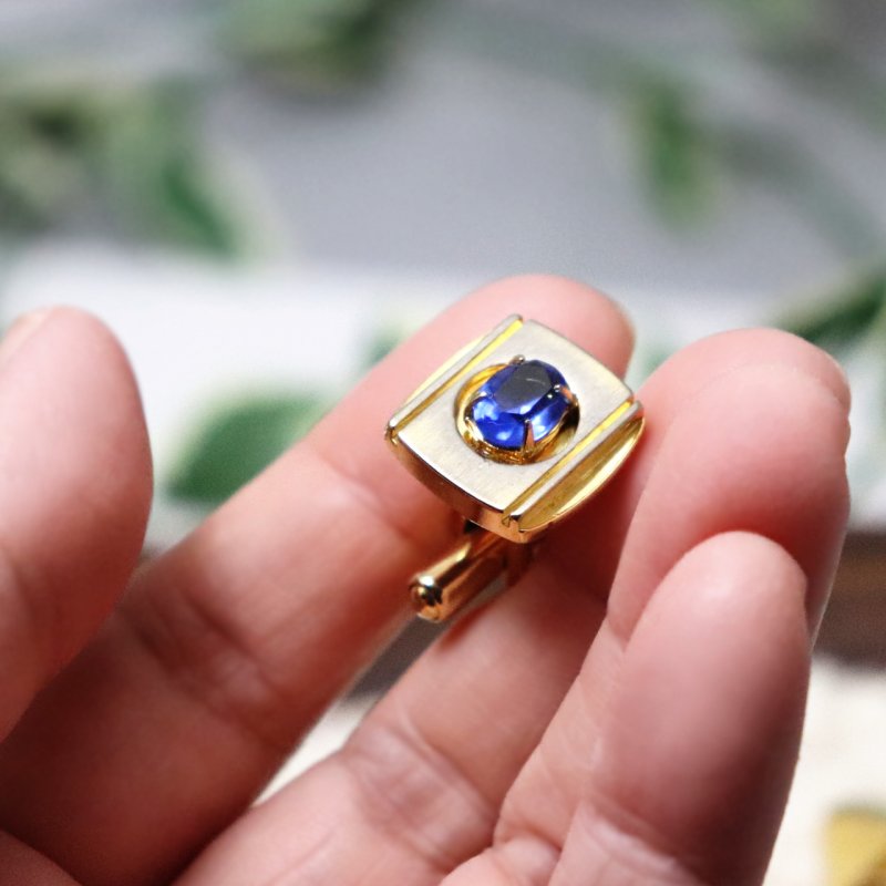 USAヴィンテージブルーラインストーンカフスボタン｜青石ゴールド&シルバーコンビカラーカフリンクス