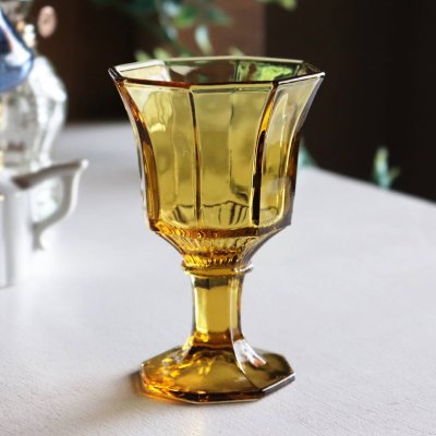 画像1: アメリカヴィンテージミニワイングラスゴブレット八角形イエロー｜マスタードアンティークグラス