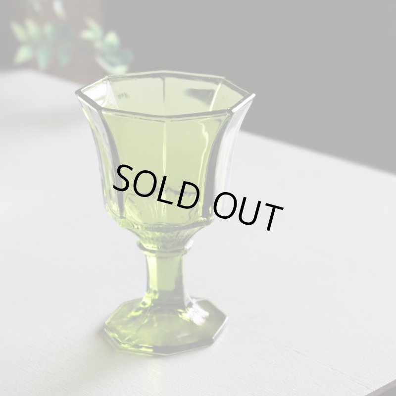 アメリカヴィンテージミニワイングラスゴブレット八角形グリーン｜アボカドアンティークグラス