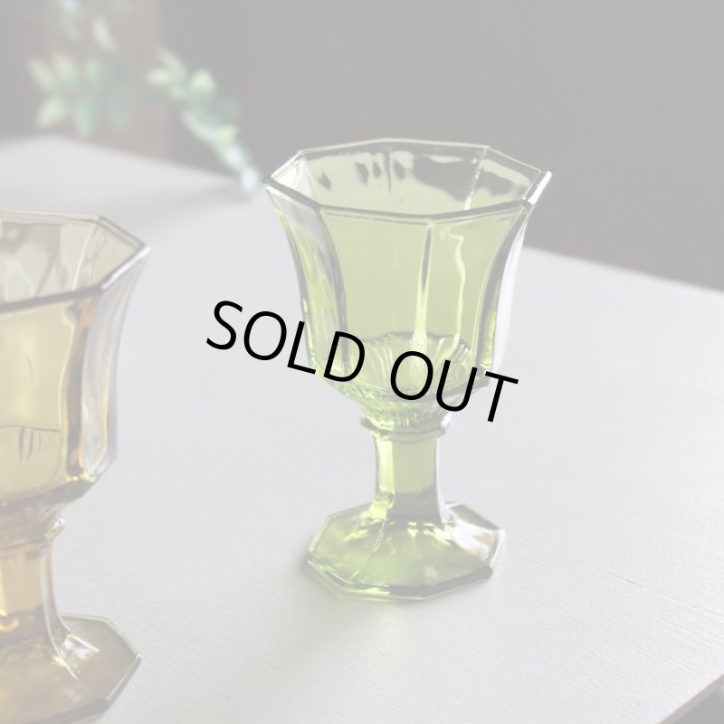 アメリカヴィンテージミニワイングラスゴブレット八角形グリーン｜アボカドアンティークグラス