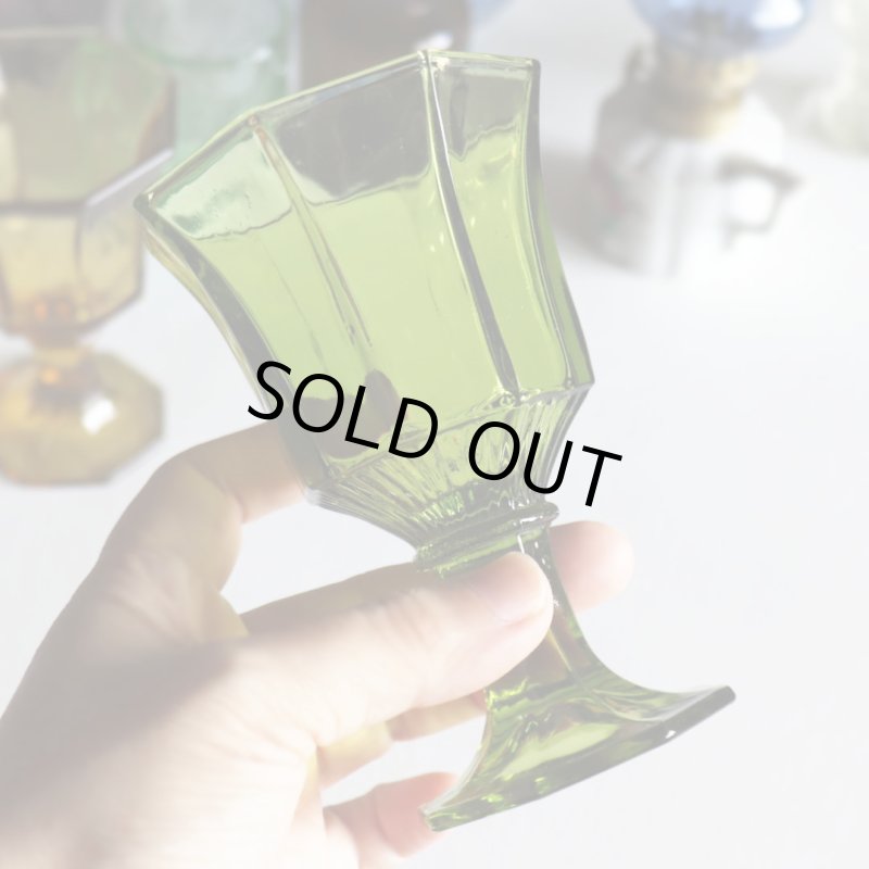 アメリカヴィンテージミニワイングラスゴブレット八角形グリーン｜アボカドアンティークグラス