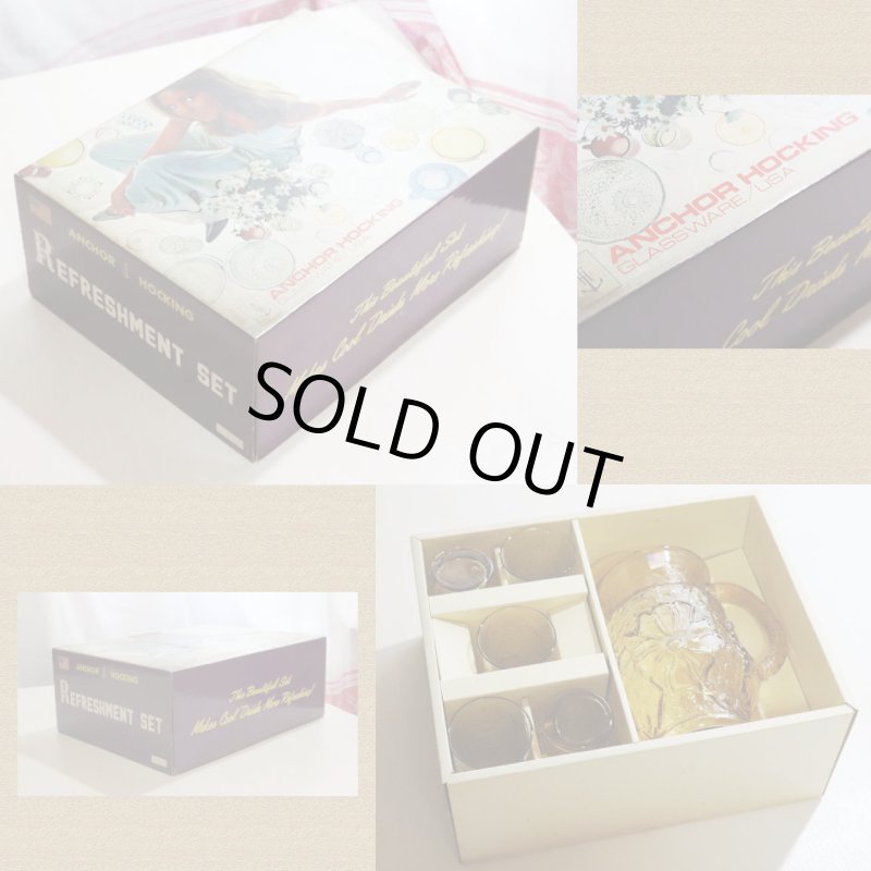 USAヴィンテージアンカーホッキングレインフラワーピッチャー＆タンブラー５個セット|ハニーゴールドアンバーガラスAnchor Hockingグラス