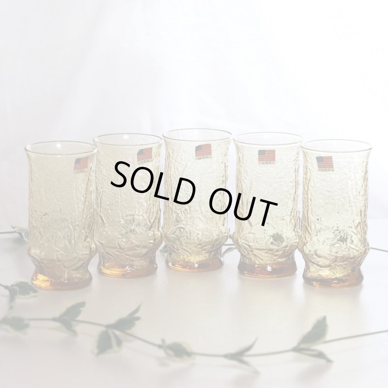 USAヴィンテージアンカーホッキングレインフラワーピッチャー＆タンブラー５個セット|ハニーゴールドアンバーガラスAnchor Hockingグラス