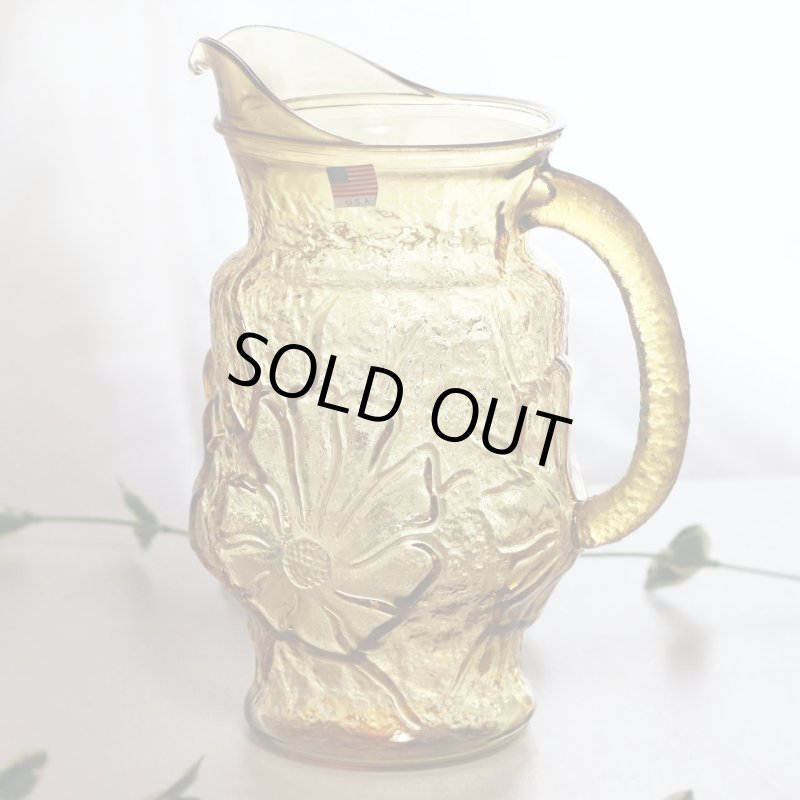 USAヴィンテージアンカーホッキングレインフラワーピッチャー＆タンブラー５個セット|ハニーゴールドアンバーガラスAnchor Hockingグラス