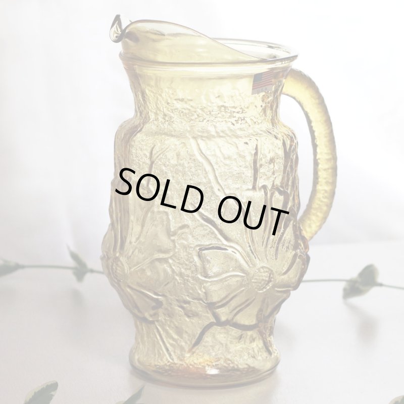 USAヴィンテージアンカーホッキングレインフラワーピッチャー＆タンブラー５個セット|ハニーゴールドアンバーガラスAnchor Hockingグラス