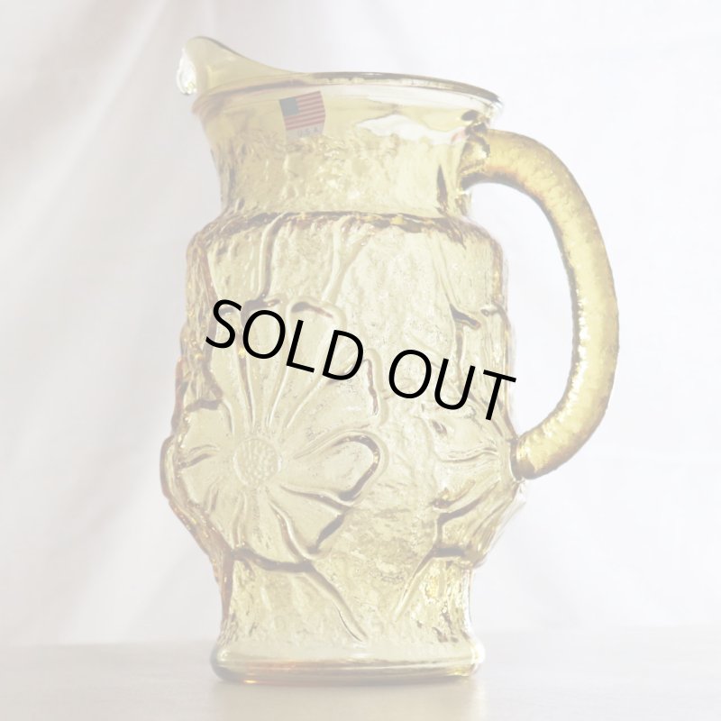 USAヴィンテージアンカーホッキングレインフラワーピッチャー＆タンブラー５個セット|ハニーゴールドアンバーガラスAnchor Hockingグラス